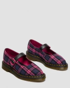 ELPHIE MARY JANE-SKO I TARTAN-MØNSTER in Sort & Pink Multi