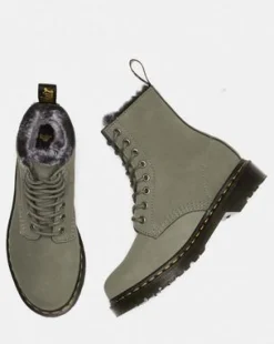 1460-snørestøvler i Nubuck-læder med imiteret Serena-pelsforing in Nickel Grey